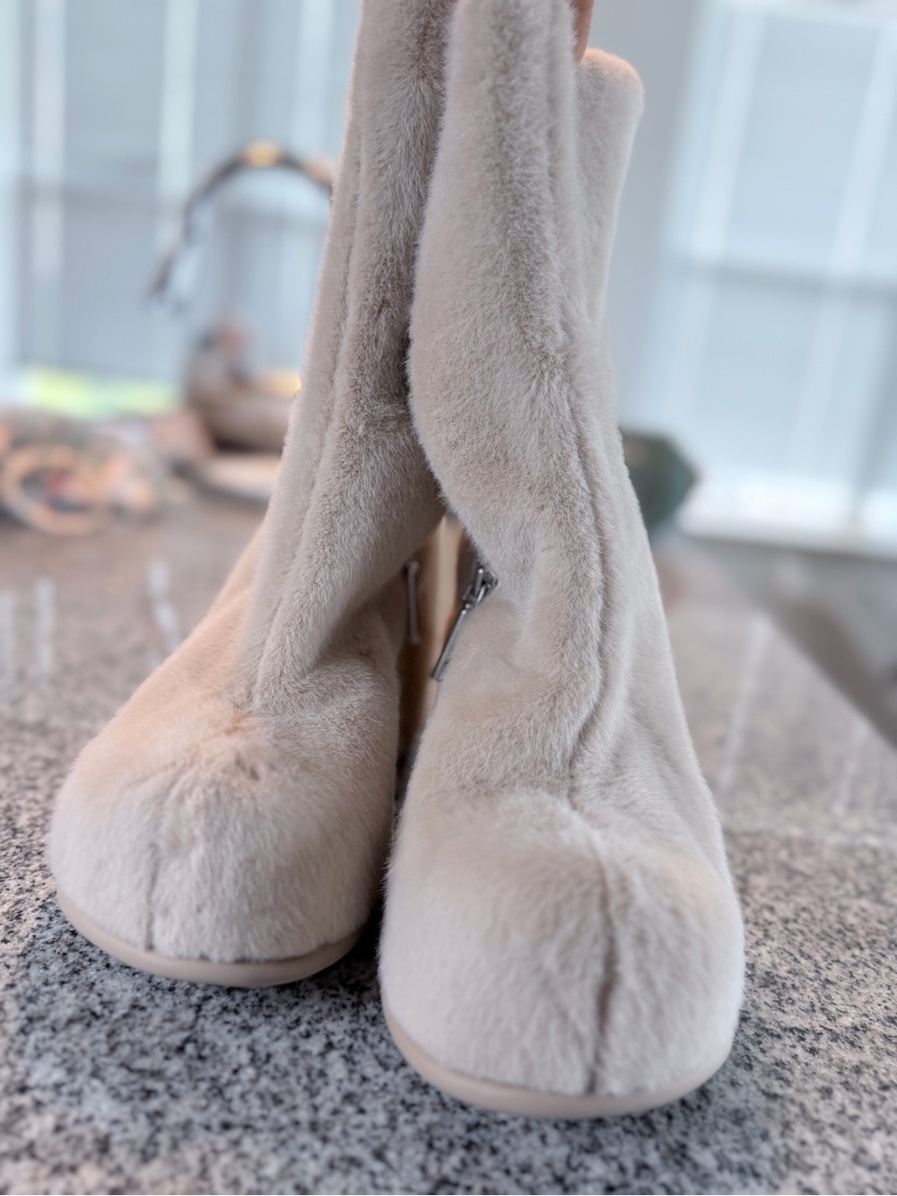Charles & Keith Beige Faux-Fur Ankle Heeled Boots